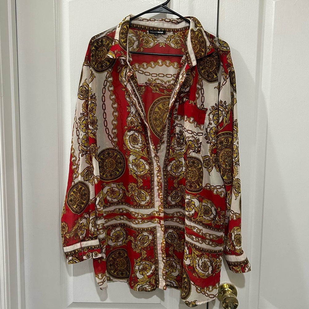 Fashion Nova Red and Gold Patterned Shirt
